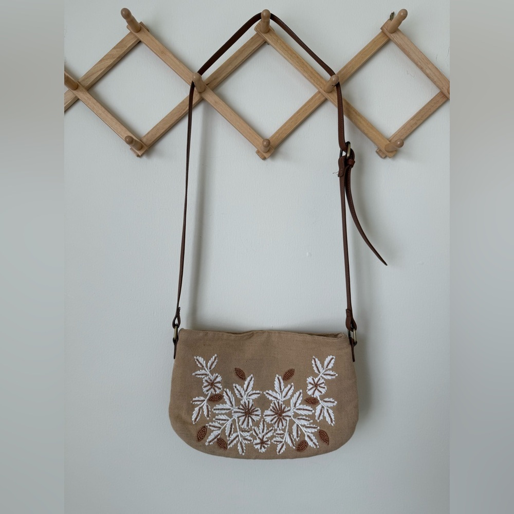 Chico's Tan Crossbody Bag with White Floral Design